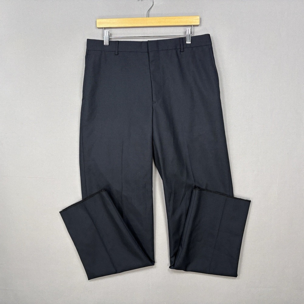 Mens Navy Dress Pants 34x34.5 Raw Hem Summer Weight Tailored Slacks USA Made